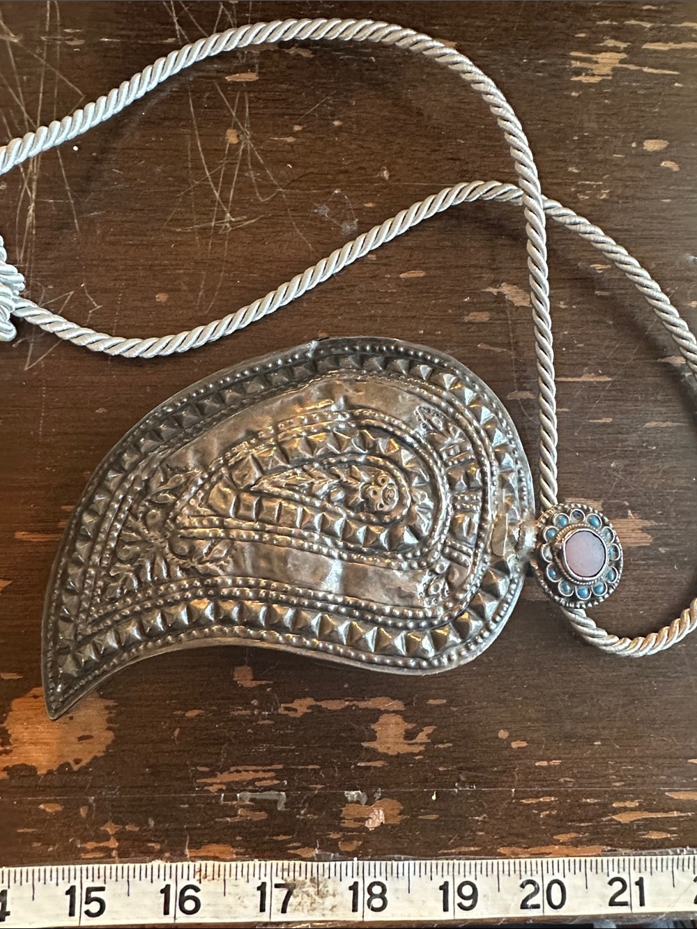 8.5” tribal necklace made from belt buckle half turquoise & stone